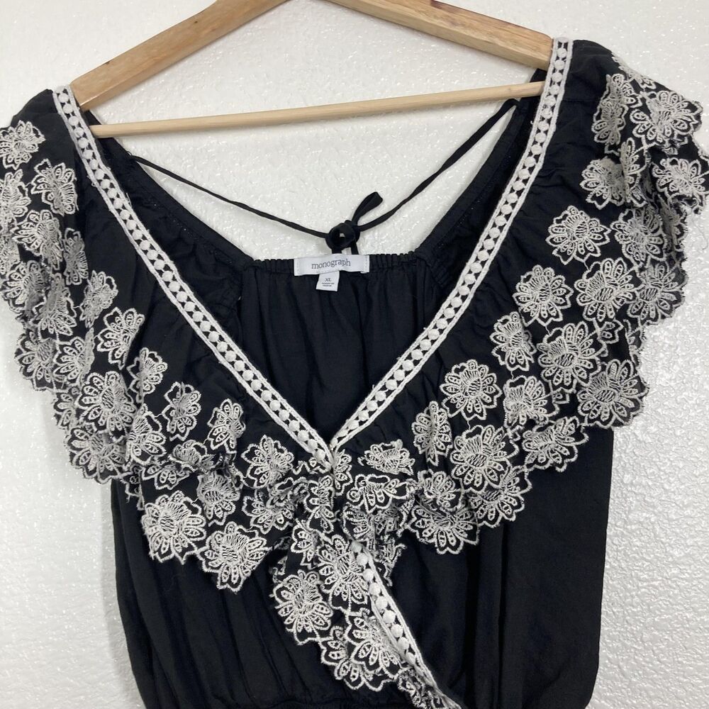 Monograph Anthropologie Blouse XL Black Embroidered Floral Ruffle Crop Top Boho - Picture 5 of 15